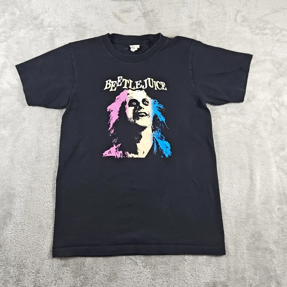 Vintage Beetlejuice Shirt Kids XL Black Short Sleeve Tim Burton Movie Film Y2K